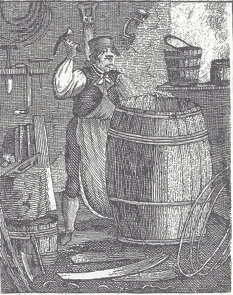 Cooper making barrel (engraving)