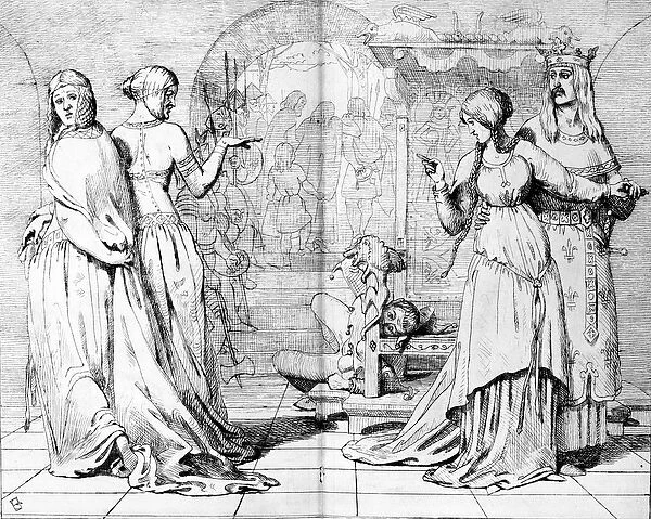 Cordelia led away from Goneril and Regan, illustration from The Germ, 1850