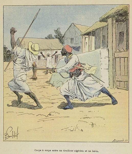 Corps a corps entre un tirailleur algerien et un hova (colour litho)