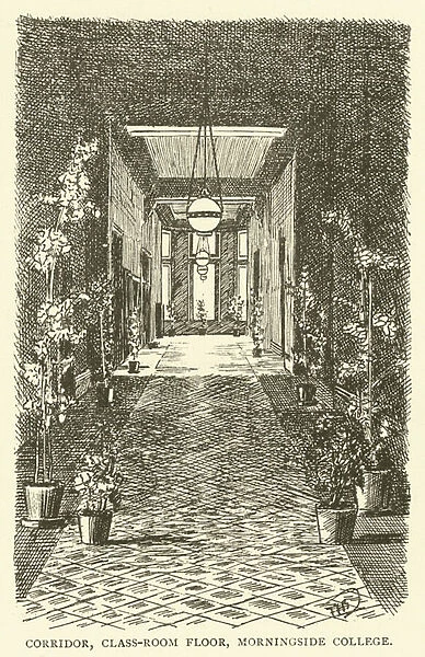 Corridor, class-room floor, Morningside College (engraving)