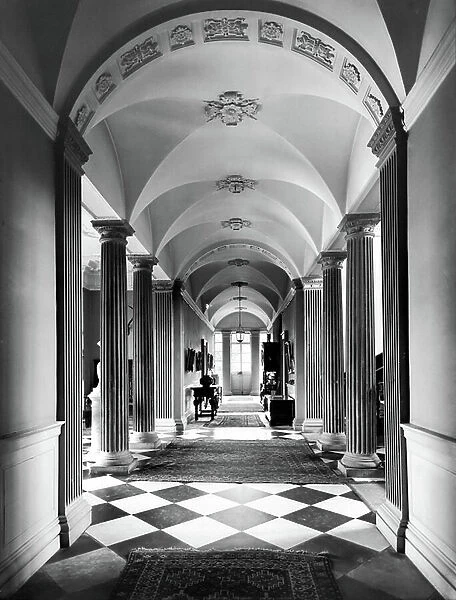 The corridor looking east, Highhead Castle, Cumberland, from England's Lost Houses by Giles Worsley (1961-2006) published 2002 (b / w photo)