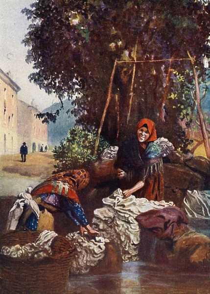 Corsica: Woman washing linen (colour litho)