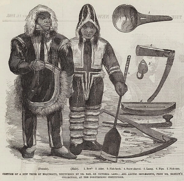 Costume of a New Tribe of Esquimaux, discovered by Dr Rae, on Victoria Land; and Arctic Implements, from Mr Barrows Collection, at the Polytechnic Institution (engraving)