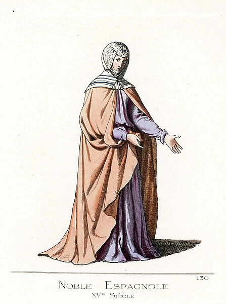 Costume of a Spanish noble woman, 15th century - Costume of a Spanish noble woman, 15th century - From a manuscript of ' Office of Our Lady' in the Spanish court - She wears a white embroidered headdress