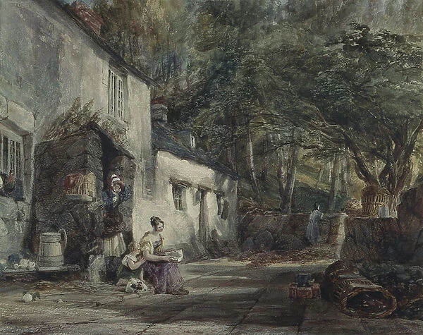 A Cottage in North Wales, with Figures (w  /  c on paper)