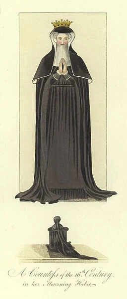 A countess of the 16th Century in her mourning habit (coloured engraving)