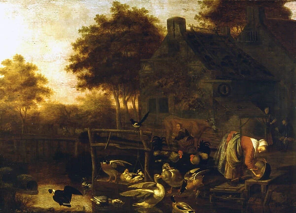 Country Scene in Holland (farm with lots of animals and a farmer milking a cow) by Wintrack the Young, 17th century. Museo del Castello. Milan