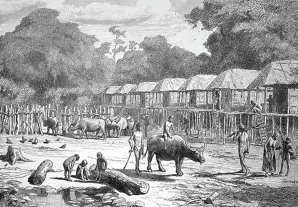 Country scene in Laos, historical illustration, wood engraving, circa 1888