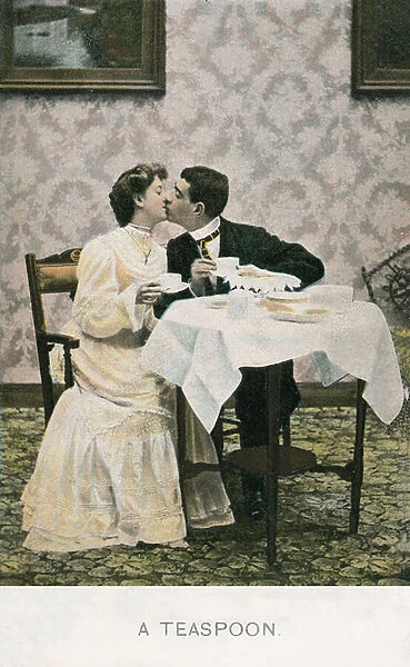 Couple kissing, teaspoon (colour litho)