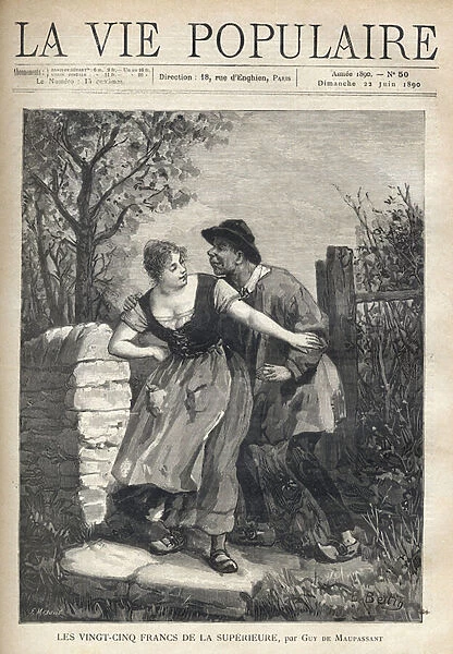 A couple of peasants, the man in a blouse and hoof, jumped the young woman who pushed him