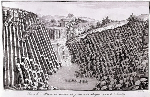 Course of the Alpone in the middle of basaltic prisms in the Vicentin. Engraving in ' institutiones geologiques' (Milan, 1818) by Scipio (Scipione) Breislak (1748-1826)