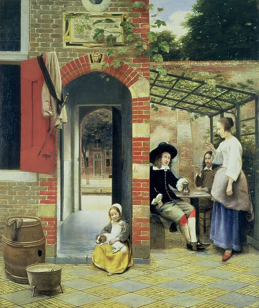 The Courtyard of a House in Delft, 1658 (oil with gold on canvas laid on panel)