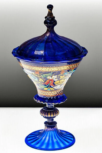 Covered chalice (light blue glass with golden leaf and enamel)