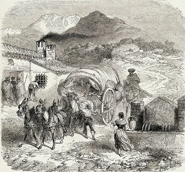 A Covered Wagon Drawn By Mules Arriving At A Roadside Inn In Sierra Nevada, Granada, Spain, From A 19Th Century Print. From El Mundo En La Mano, Published 1878 ©UIG / Leemage