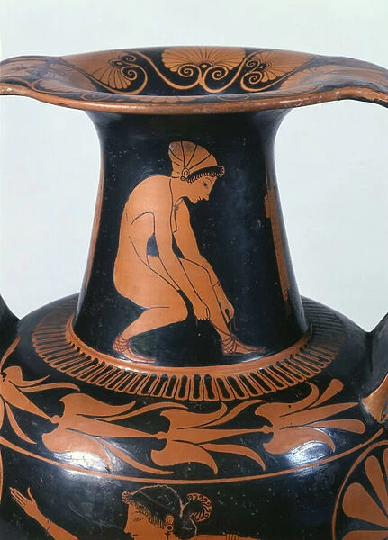 Crouching woman tying her sandal, detail from the neck of an Attic red-figure amphora