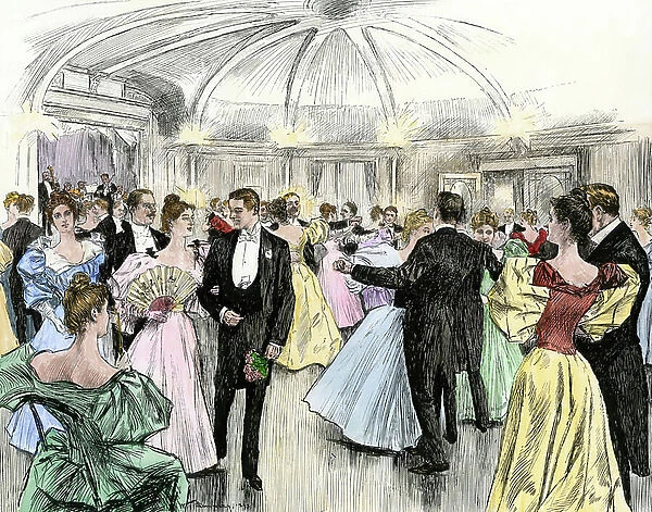 Daily life, the American high society: ballroom dance in a ballroom in Tuxedo, New York, circa 1890. Colour engraving, 19th century