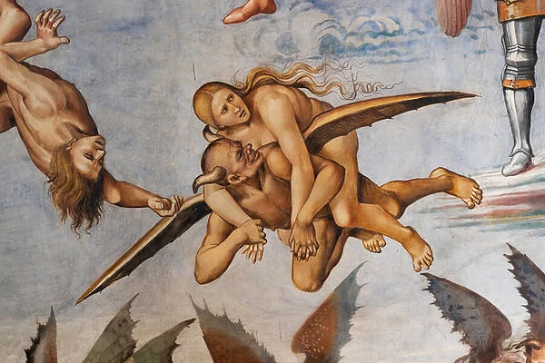 Damned to hell, detail of the flying demon carrying a prosperous sinner on his shoulders and looking back towards her grinning, evidently satisfied with the prey, 1500-02 (fresco)