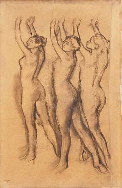Three Dancers in Bodysuits, with Raised Arms, (charcoal on joined tracing paper laid