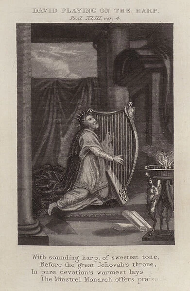 David playing on the harp, Psalm XLIII, ver 4 (engraving)