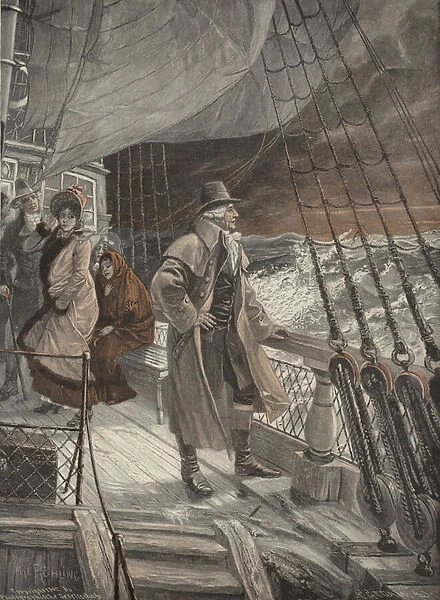 On the deck of a ship (coloured engraving)