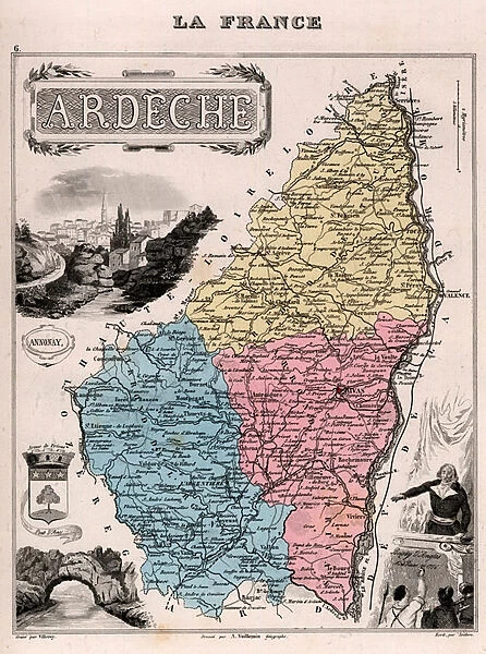 Department of Ardeche (07), Rhone-Alpes (Rhone Alpes) - France and its Colonies. Atlas illustrates one hundred and five maps from the maps of the depot of war, bridges and footwear and the Navy by M. VUILLEMIN. 1876