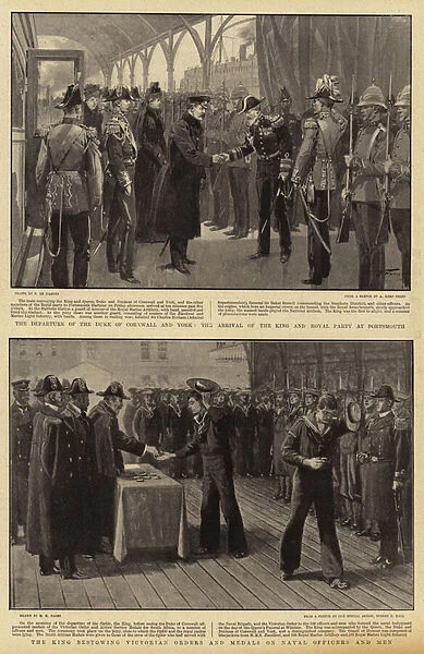 The Departure of the Duke of Cornwall and York, the Arrival of the King and Royal Party at Portsmouth, the King Bestowing Victorian Orders and Medals on Naval Officers and Men (litho)