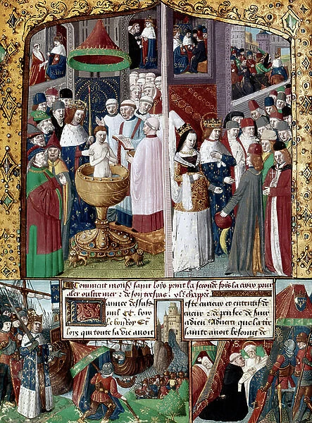 Departure of French king Louis IX (Saint Louis, 1214-1270, king in 1226 a 1270) for 8th crusade in 1270 and his death in Tunis, illumination by Jean Fouquet for 'Le Livre des faits Monseigneur saint Louis' 15th century