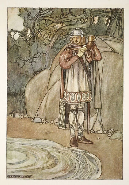 Dermot took the horn and would have filled it, illustration from The High Deeds of Finn, and other Bardic Romances of Ancient Ireland by T. W. Rolleston (colour litho)