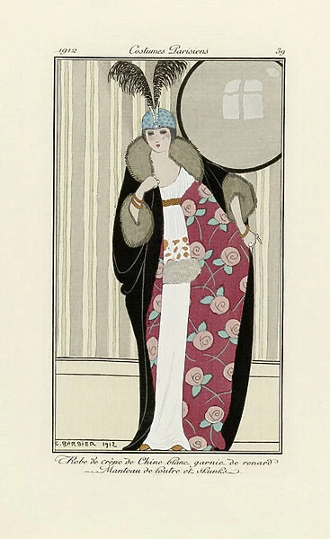 Design for dress made from Crepe de Chine and Fur Coat, from Costumes Parisien, pub. 1912 (pochoir print)