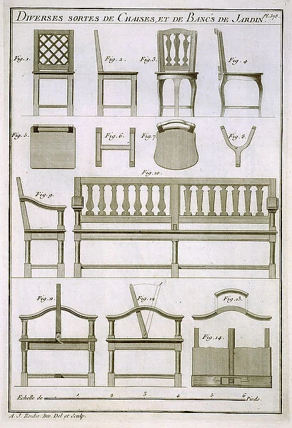 Designs for wooden chairs and benches for the garden, from L