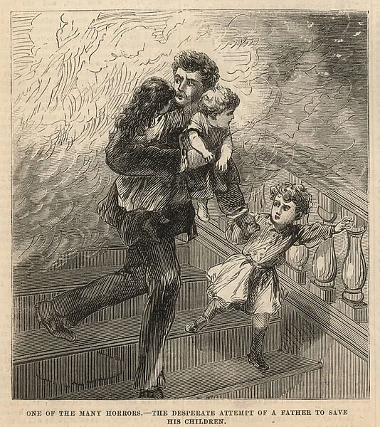 The desperate attempt of a father to save his children (engraving)