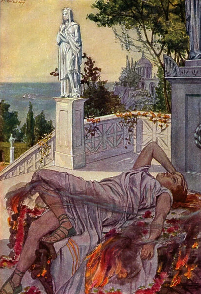 Dido commits suicide after being abandoned by Aeneas (colour litho)