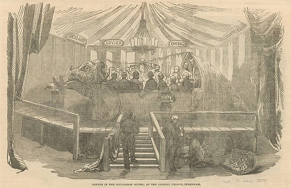 Dinner in the Iguanadon model, at the Crystal Palace, Sydenham (engraving)