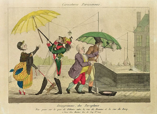 Disagreements over Umbrellas, from Caricatures Parisiennes (colour litho)