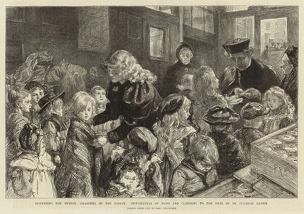 Dispensing the Winter Charities of the Parish, distribution of food and clothing to the poor of St Clement Danes (litho)