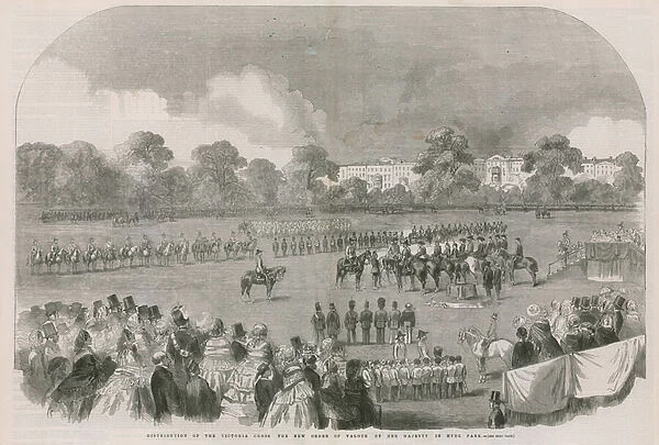 Distribution of the Victoria Cross, the new order of valour, by Her Majesty in Hyde Park (engraving)