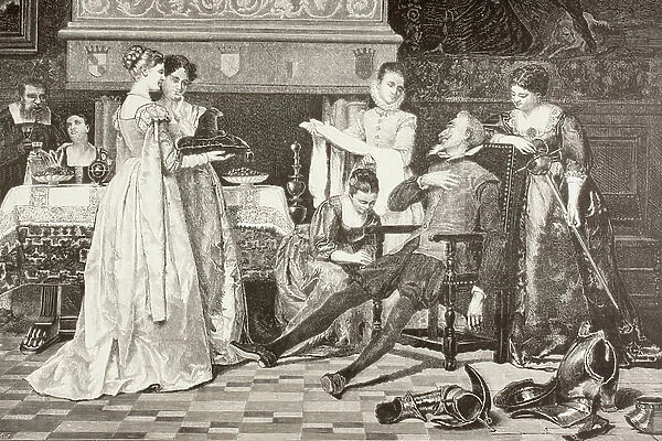 Don Quixote in the house of the Duke and Duchess (litho)