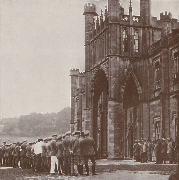 Donington Hall Camp: Front Entrance, German Officers are seen assembling for Roll Call (b / w photo)
