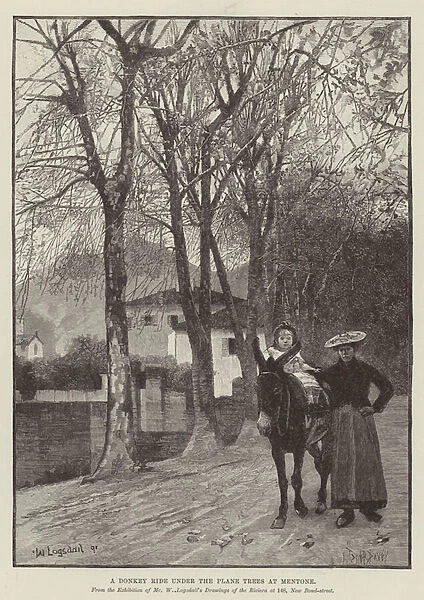 A Donkey Ride under the Plane Trees at Mentone (engraving)