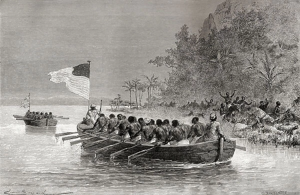 Dr. David Livingstone in the first boat, flying the English flag, and Henry Morton