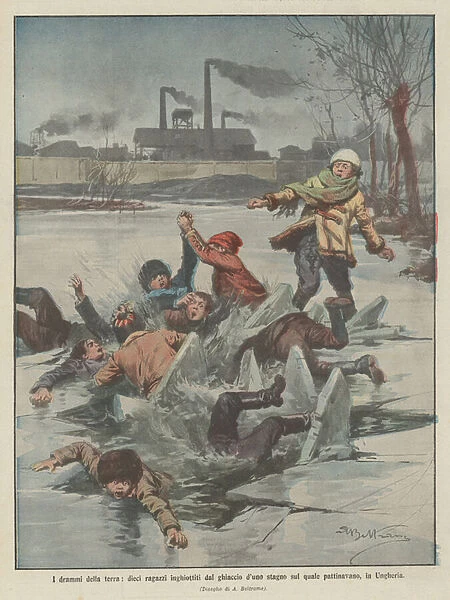 The dramas of the earth, ten boys swallowed by the ice of a pond on which they skated, in Hungary (colour litho)