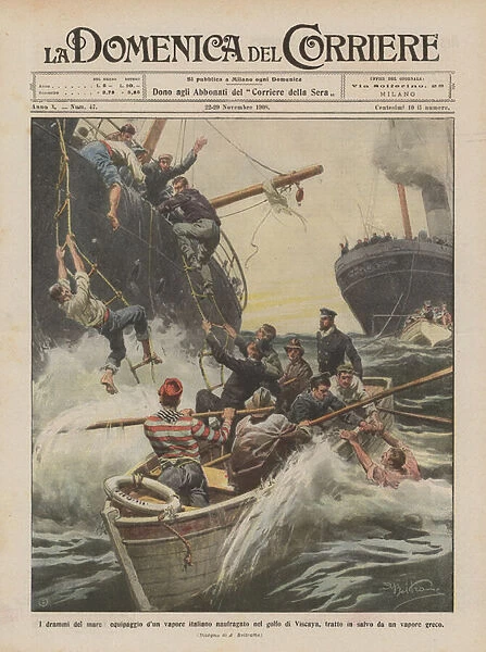 The dramas of the sea, crew of an Italian steamer shipwrecked in the Gulf of Viscaya... (colour litho)