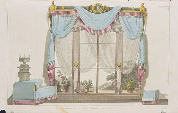 Drawing room window curtain, plate 43 from Ackermanns Repository of Arts
