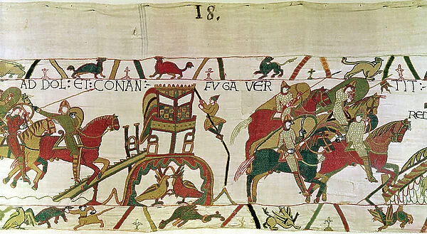 Duke Conan flees from Dol with Duke William's knights in pursuit, Bayeux Tapestry (wool embroidery on linen)