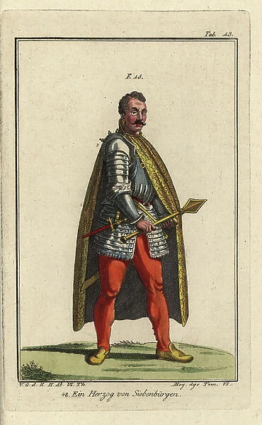 A duke of Transylvania in armour and cloak, holding a mace. Handcolored copperplate engraving from Robert von Spalart's ' Historical Picture of the Costumes of the Peoples of Antiquity