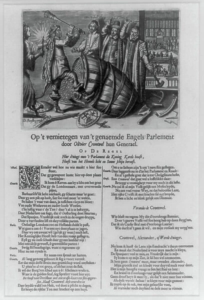 Dutch cartoon protesting against Oliver Cromwell's rule in Britain. It shows him as Hercules clad in a lionskin, breaking open the royal money barrel, thus ending the Long Parliament. Britain, c1652