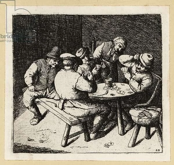 Dutch peasants playing a game of cards at a table in a tavern. 1803 (engraving)