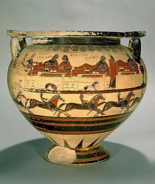 Early Corinthian black-figure column-krater depicting Herakles dining with Eurytios