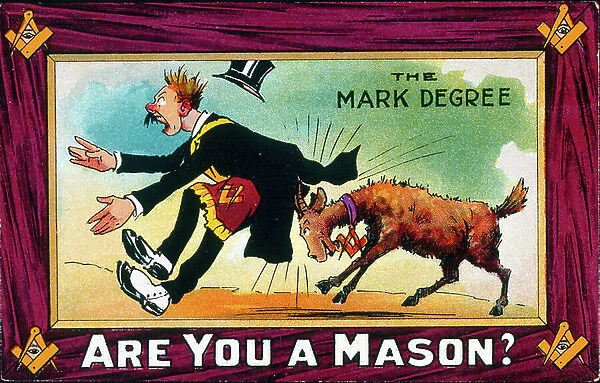 Edwardian British postcard satirising freemasons. Circa 1908. Freemasonry or Masonry consists of fraternal organisations that trace their origins to the local fraternities of stonemasons, which from the end of the fourteenth century