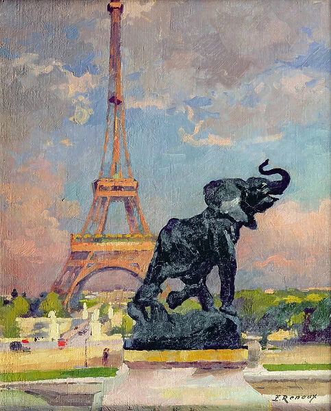 The Eiffel Tower and the Elephant by Fremiet (oil on canvas)